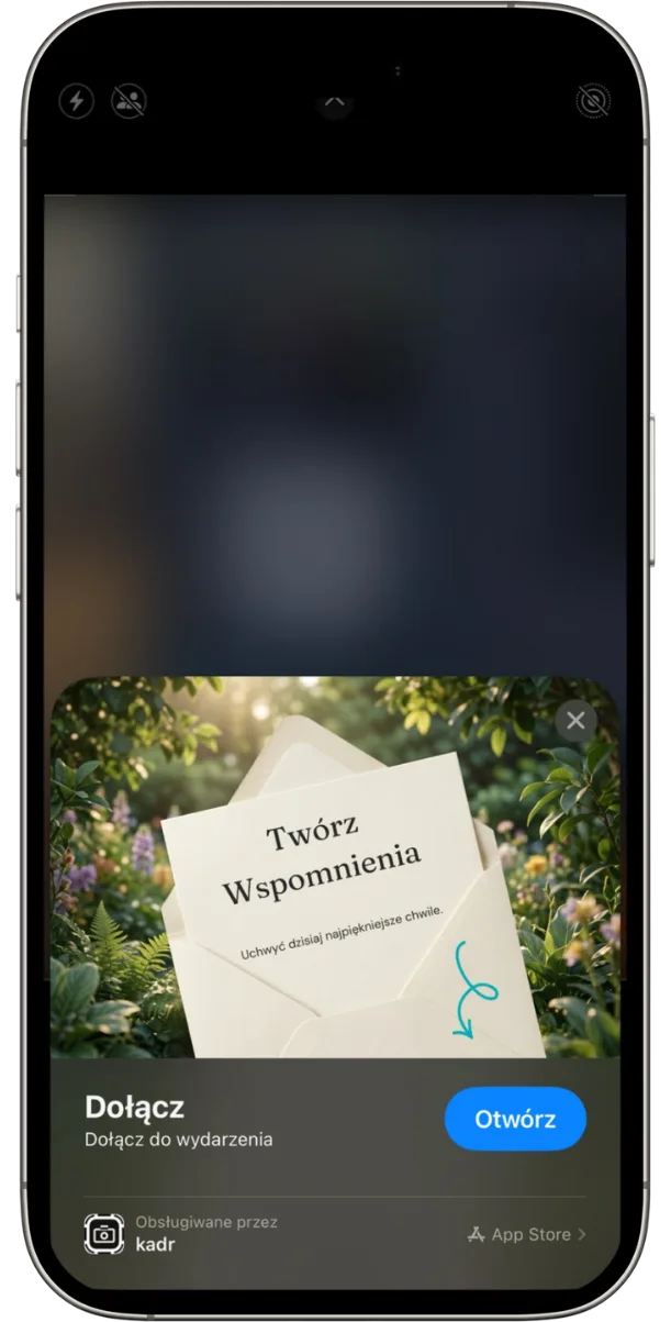 Apple App Clip card z napisem „Twórz wspomnienia / Dołącz do wydarzenia