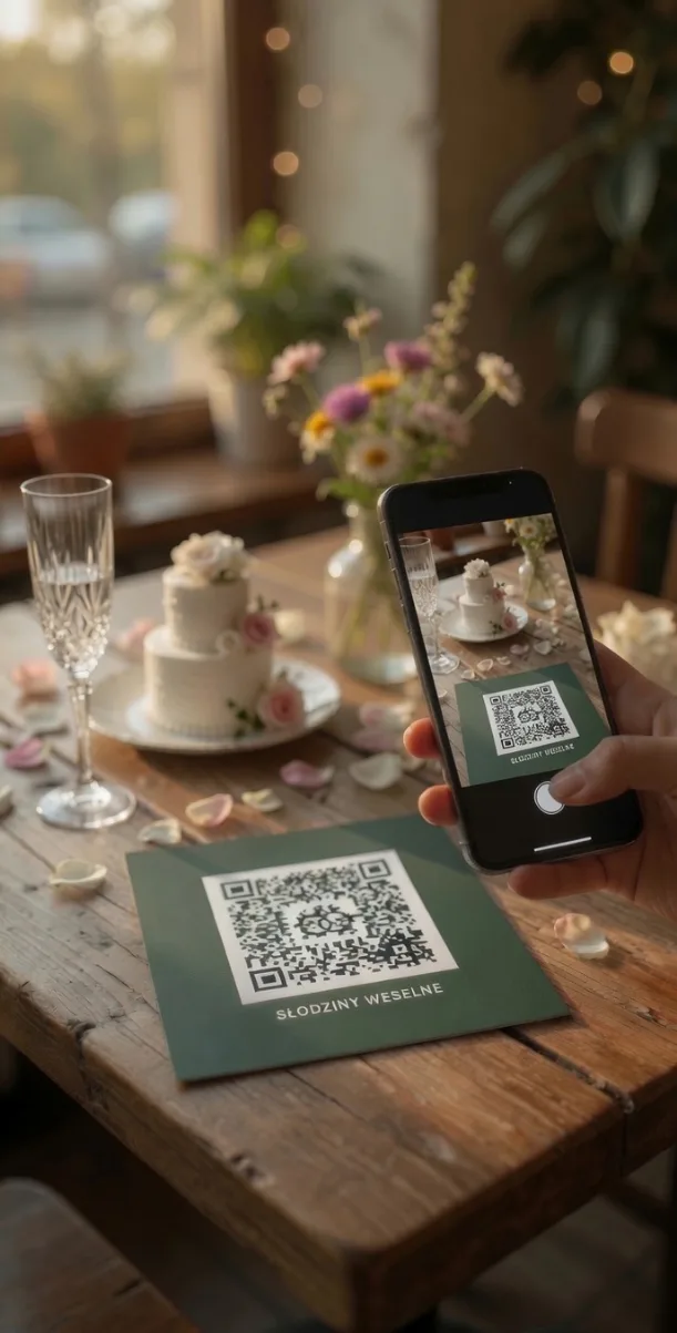 Gość skanuje kod QR ze stolika weselnego — tort z różami, papierowy zaproszenie z kodem